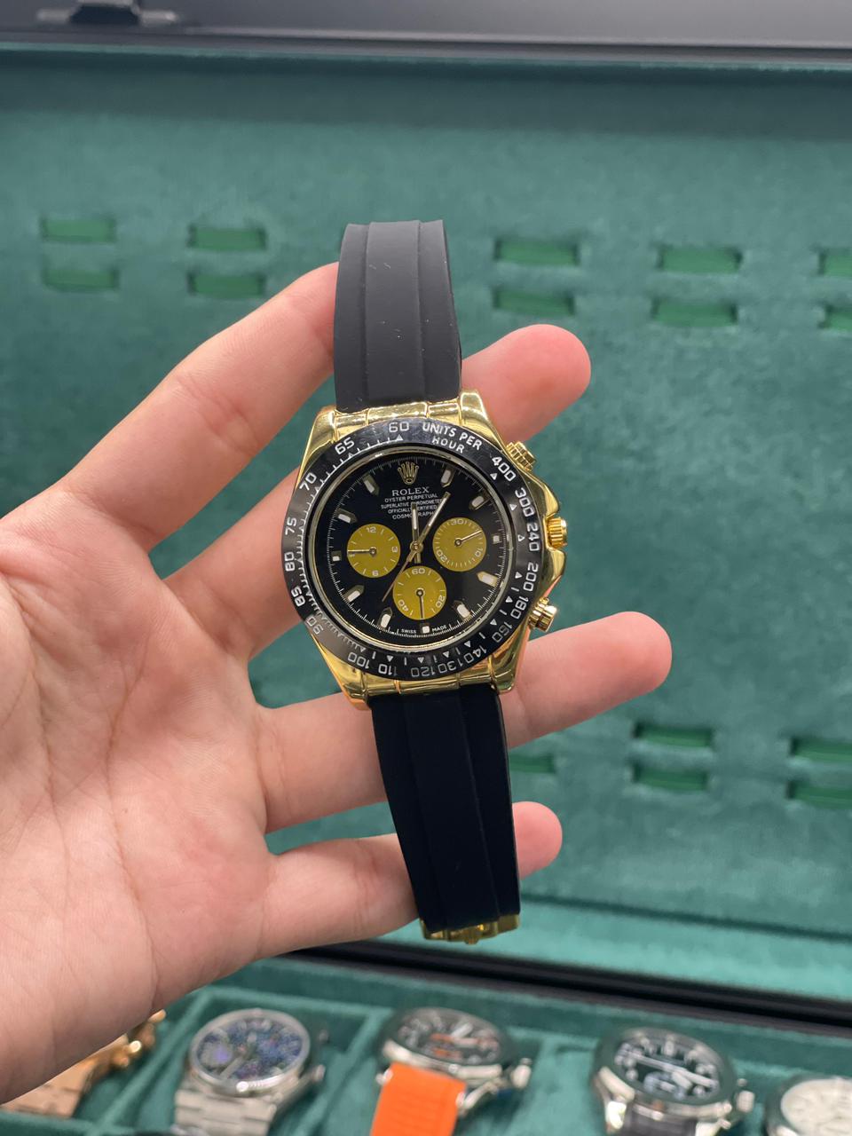 RLX Black Rubber Strap With Black And Golden Chronograph Dial Watch.