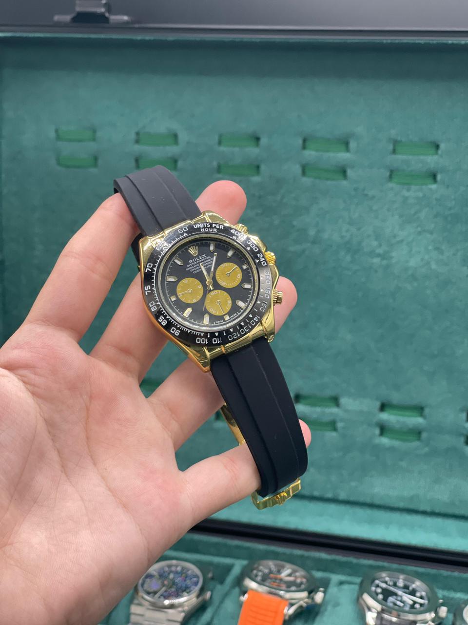 RLX Black Rubber Strap With Black And Golden Chronograph Dial Watch.