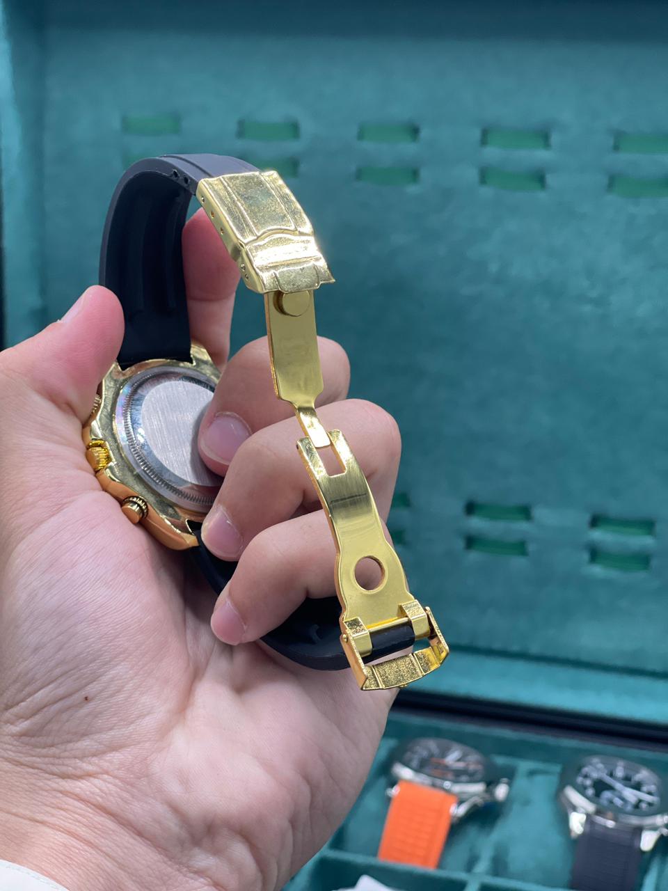RLX Black Rubber Strap With Black And Golden Chronograph Dial Watch.