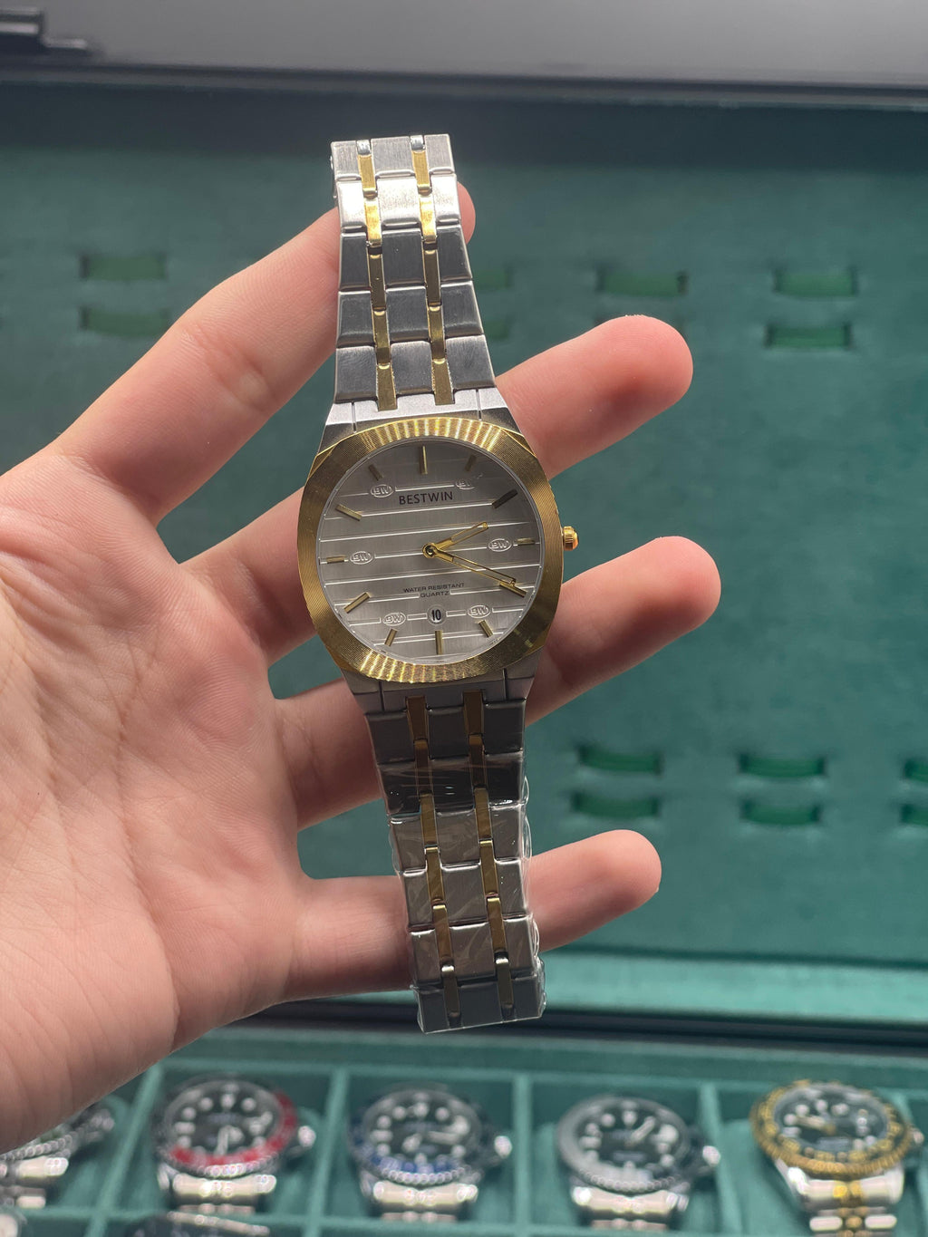 BTW Two-Tone Luxury Dress Watch with Silver Textured Dial, Gold Fluted Bezel, and Integrated Bracelet