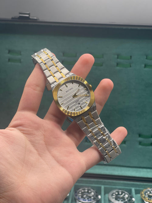 BTW Two-Tone Luxury Dress Watch with Silver Textured Dial, Gold Fluted Bezel, and Integrated Bracelet