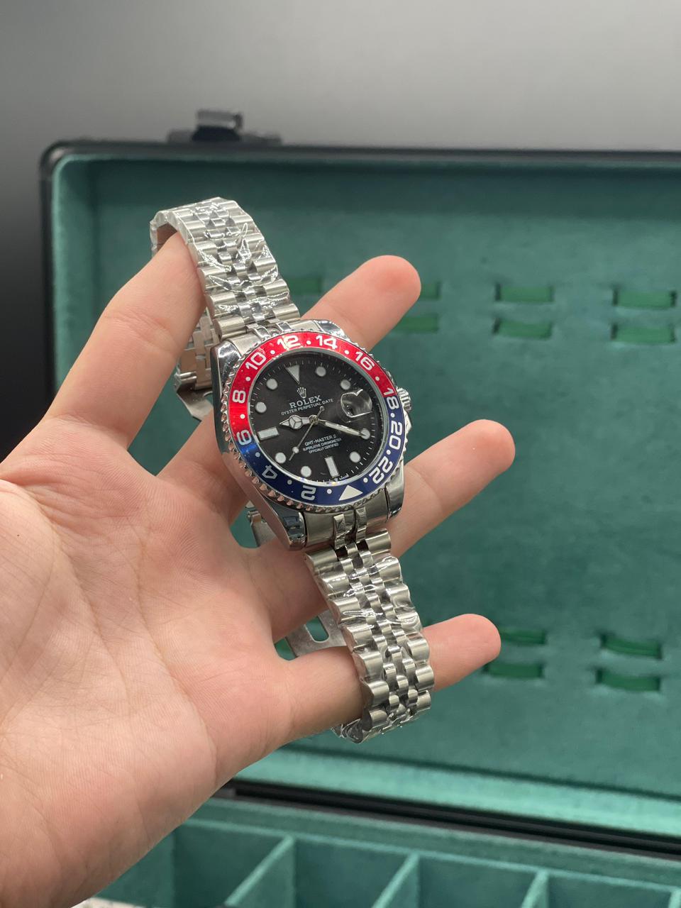 RLX Silver Chain With Black Dial Pepsi Edition Quartz Watch.