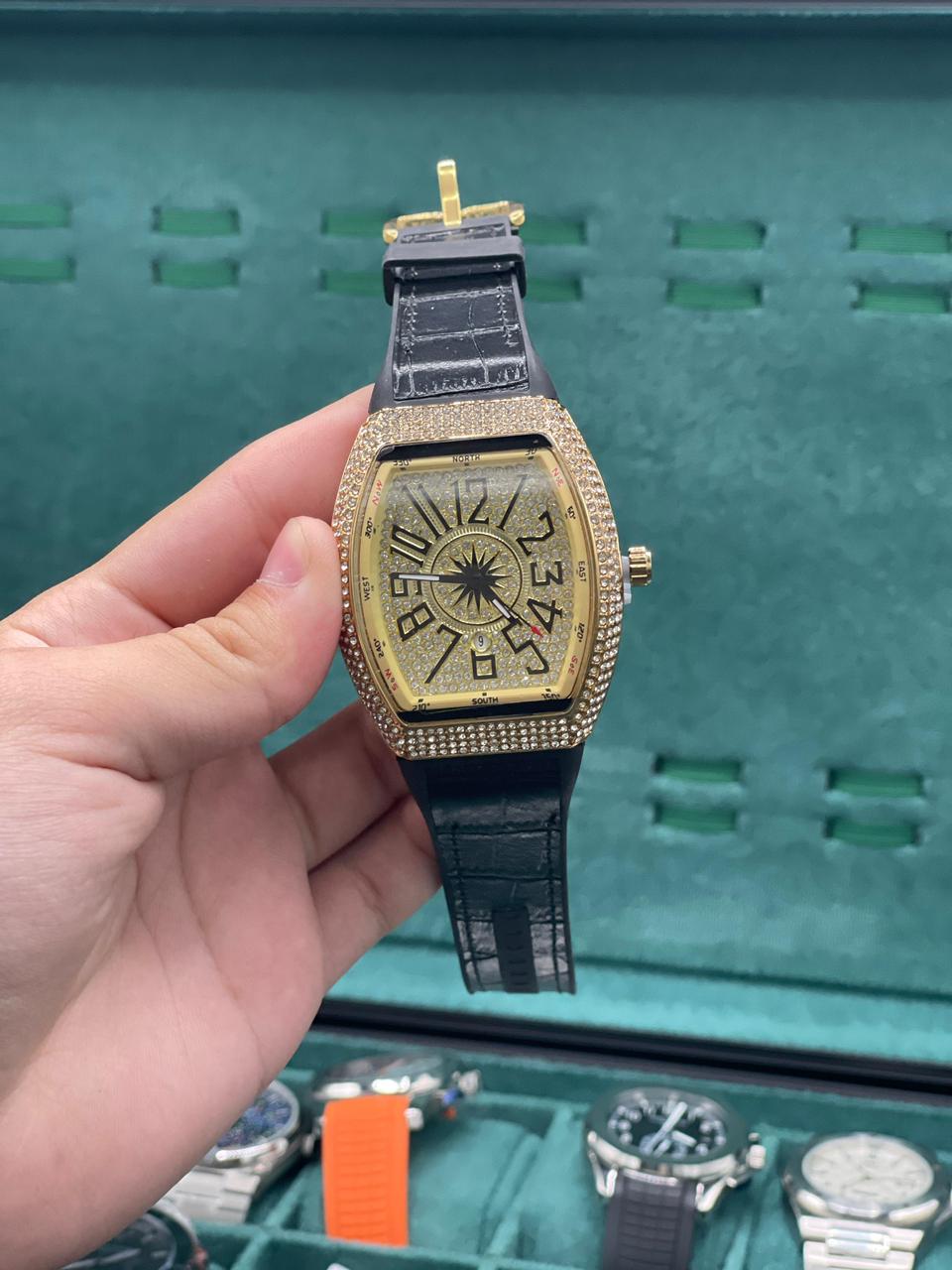 FM Black Leather Strap With Golden Diamond Dial Watch
