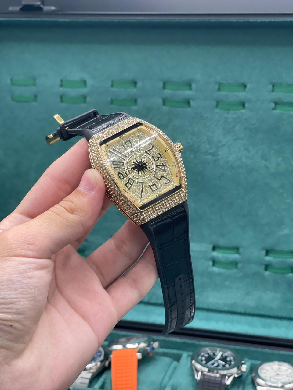 FM Black Leather Strap With Golden Diamond Dial Watch