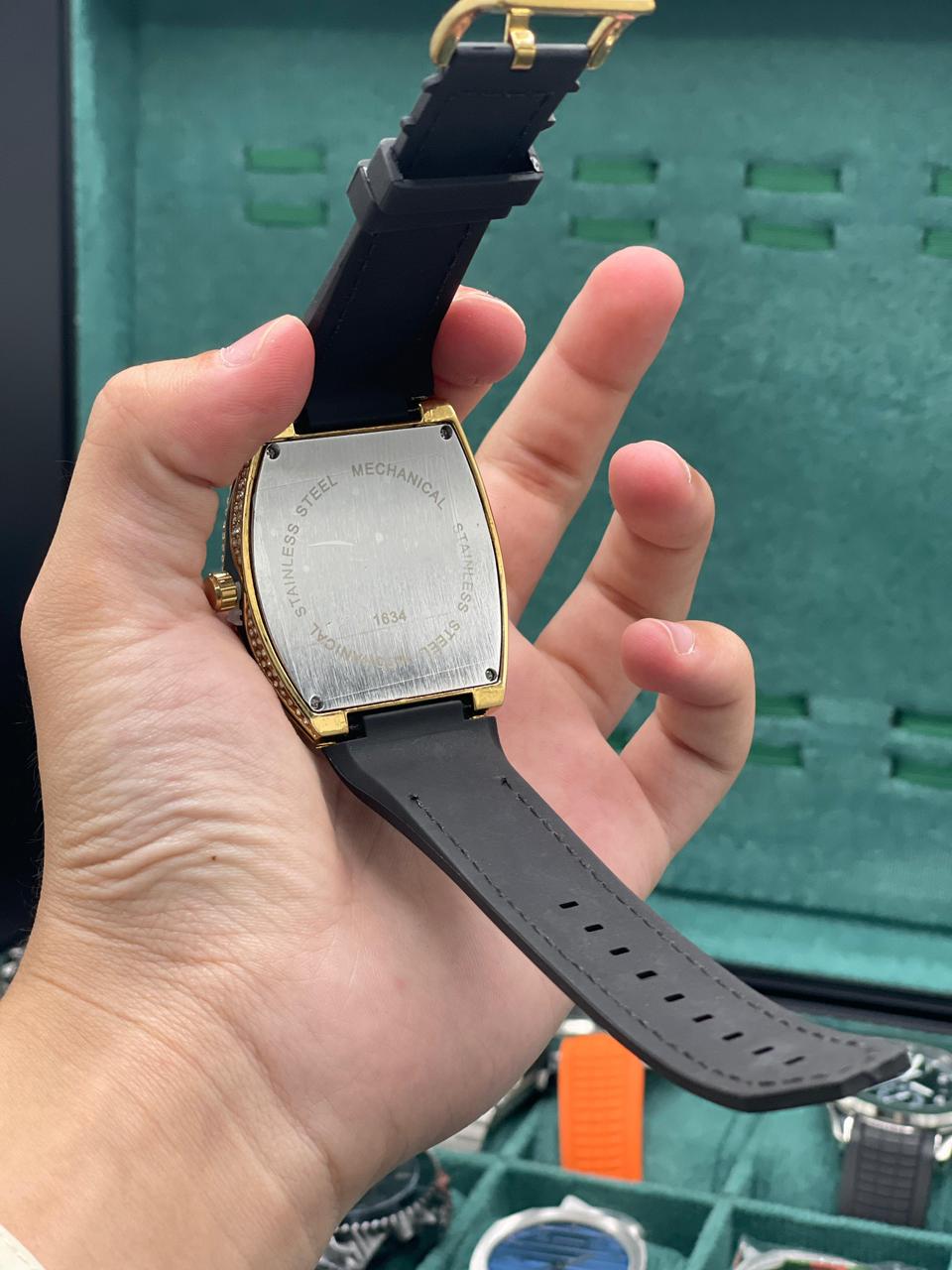 FM Black Leather Strap With Golden Diamond Dial Watch