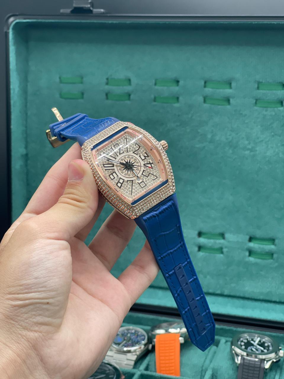 FM Blue Leather Strap With Golden Diamond Dial Watch