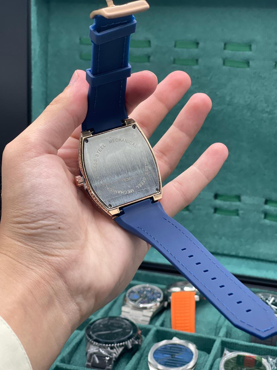 FM Blue Leather Strap With Golden Diamond Dial Watch