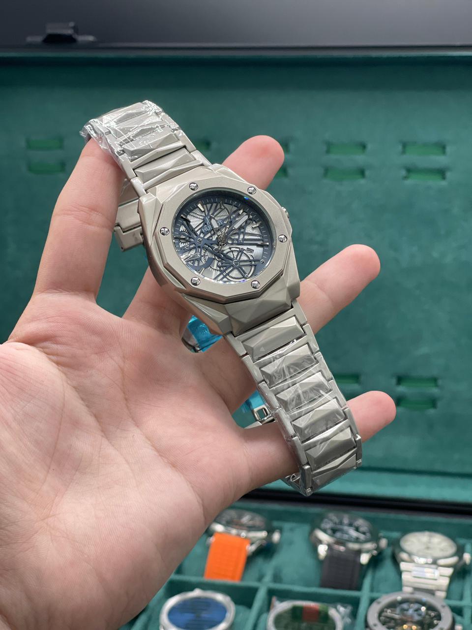 HB Silver Chain With Blue Diamond Cut Dial Watch