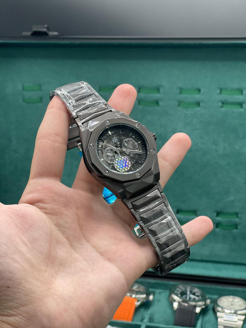 HB Black Chain With Black Chronograph Dial Watch