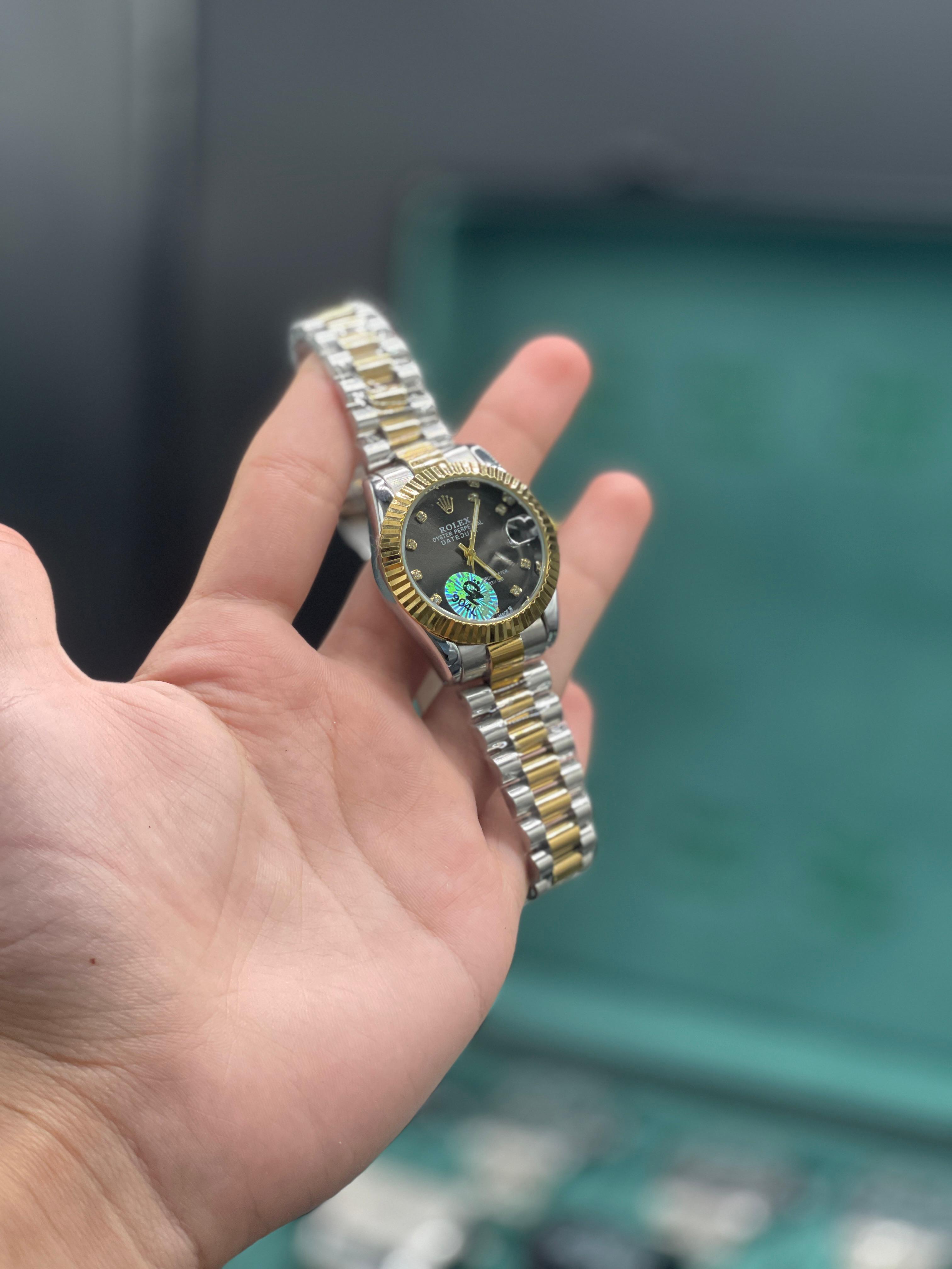 RLX Two Tone Gold And Silver Chain With Sleek Black Dial Ladies Watch