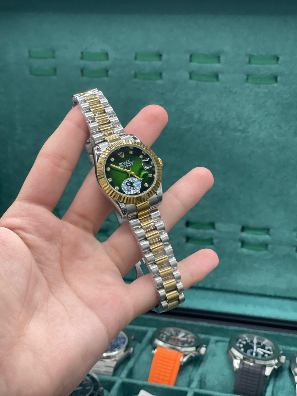 RLX Two Tone Gold And Silver Chain With Rich Green Dial Ladies Watch