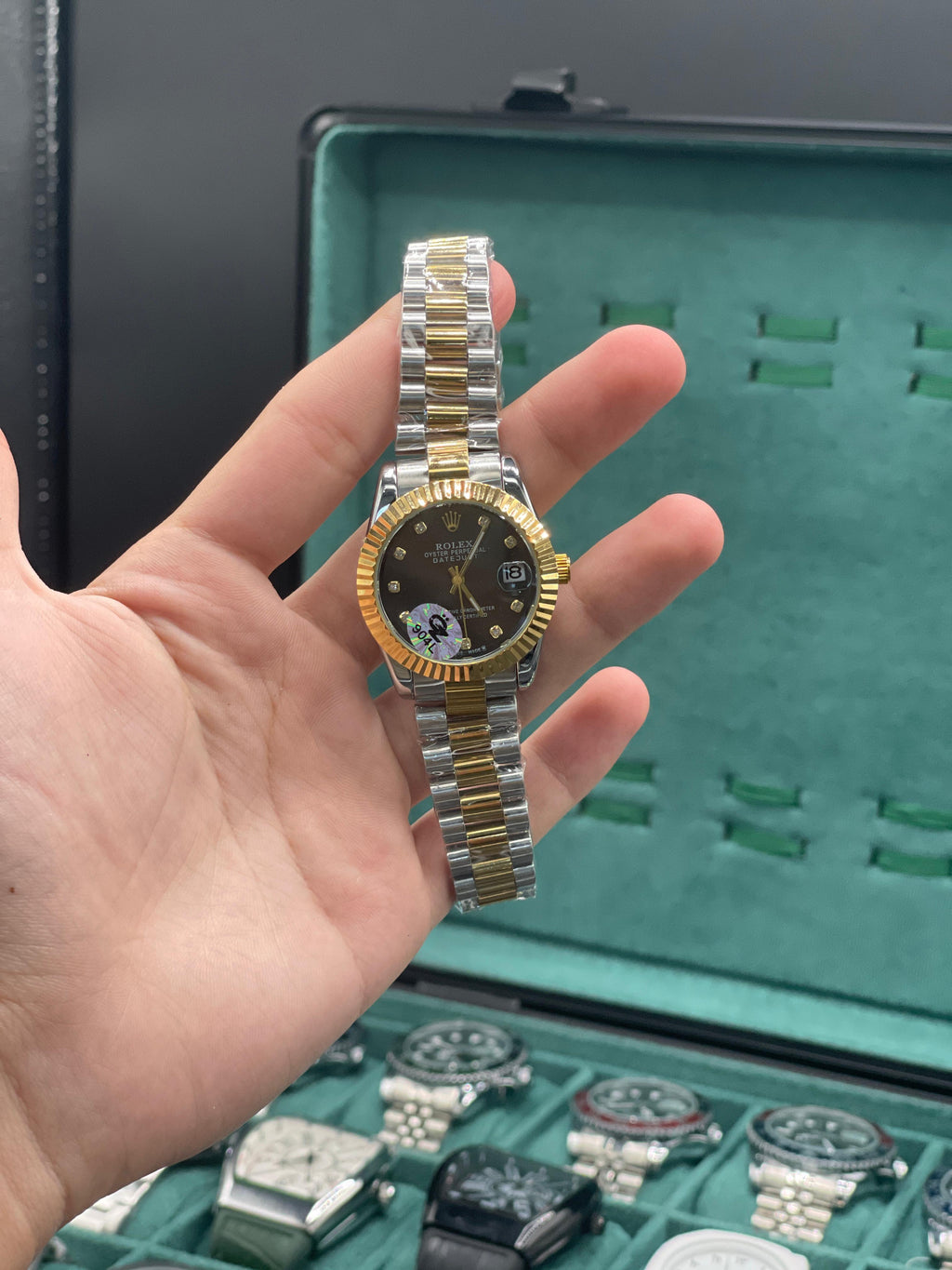 RLX Two Tone Gold And Silver Chain With Sleek Black Dial Ladies Watch